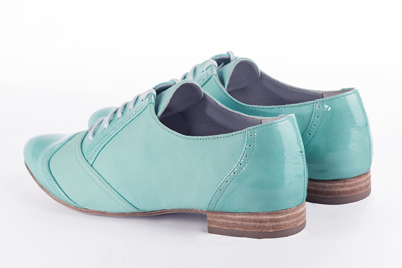 Aquamarine blue women's fashion lace-up shoes. Round toe. Flat leather soles. Rear view - Florence KOOIJMAN